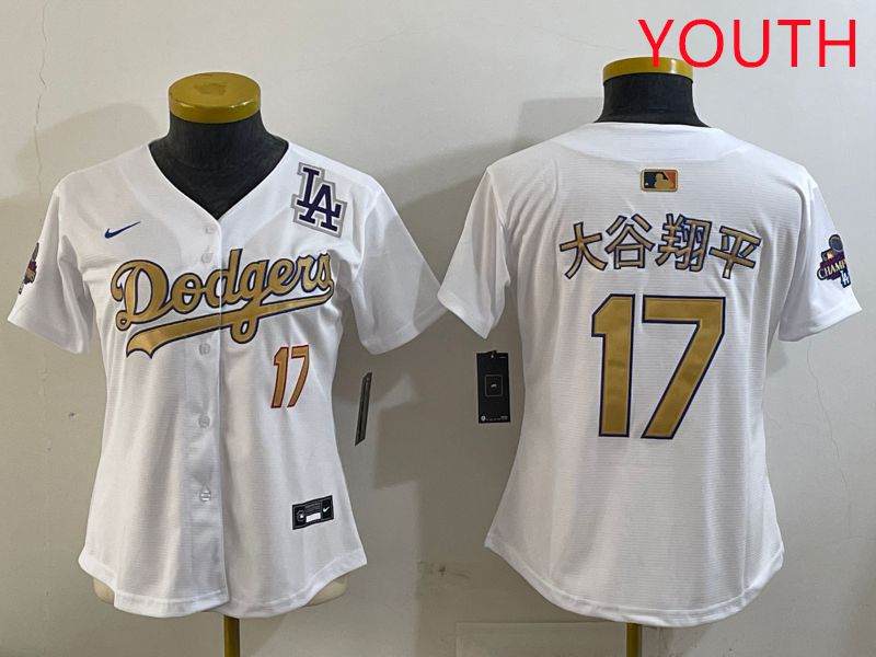 Youth Los Angeles Dodgers 17 Ohtani White Champion gold character 2025 Nike MLB Jersey style 10